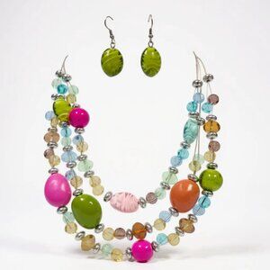 Three Layers Multi color Glass And Ceramic Bead Necklace Earring Set